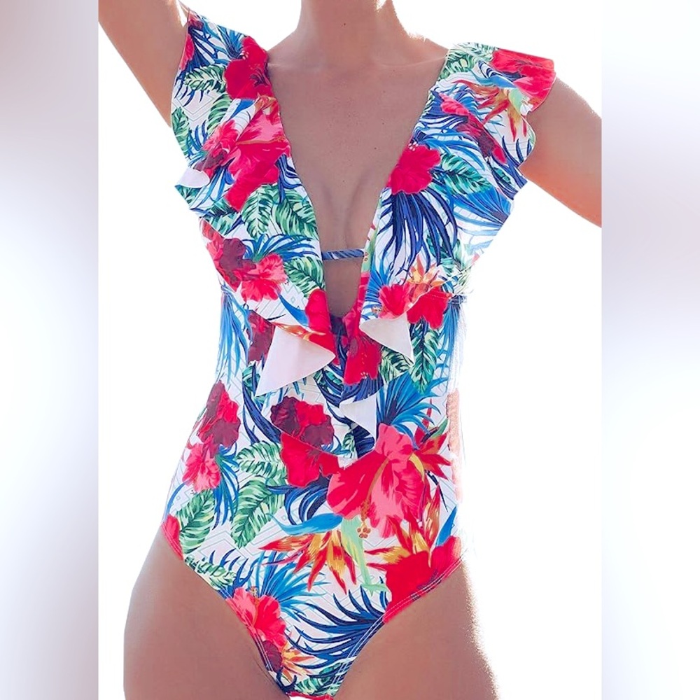 Cheeky Plunge One Piece Tropical Floral Swimsuit | Size XL